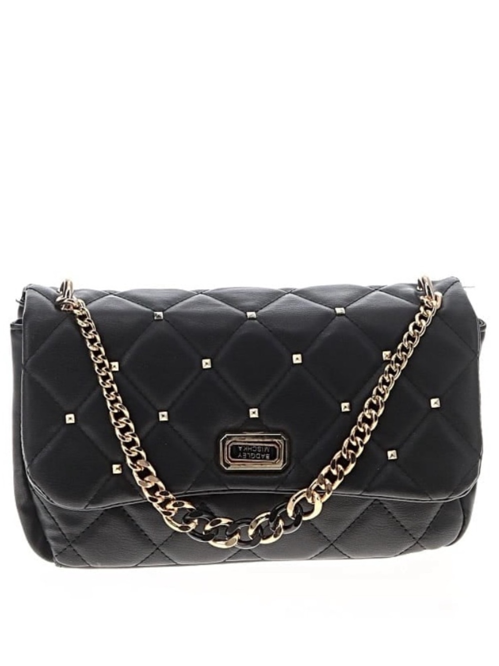 Bartley Mischa Black Leather Quilted GoldChain-Handle Shoulder Bag w/ TwistLock